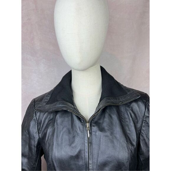 90s Y2K Coldwater Creek Black Leather Bomber Jacket Size Medium - Picture 6 of 6